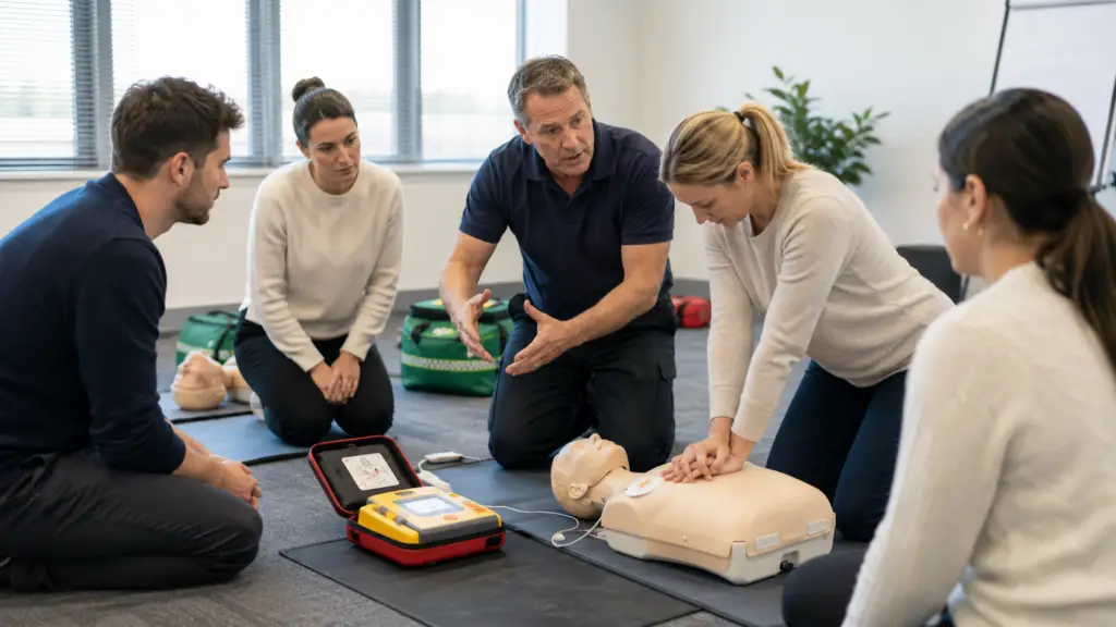Instructor delivering a First Aid Responder Refresher (FARR) course with learners practising CPR, AED use and patient assessment.