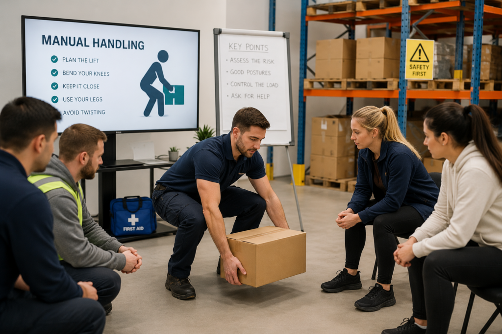 Instructor demonstrating safe manual handling lifting techniques to learners during a workplace manual handling training course.