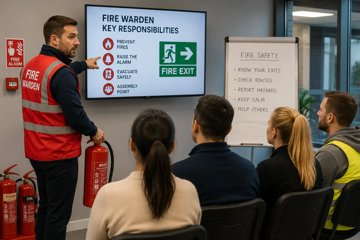 Instructor delivering Fire Warden training with learners, fire extinguishers and workplace fire safety equipment.