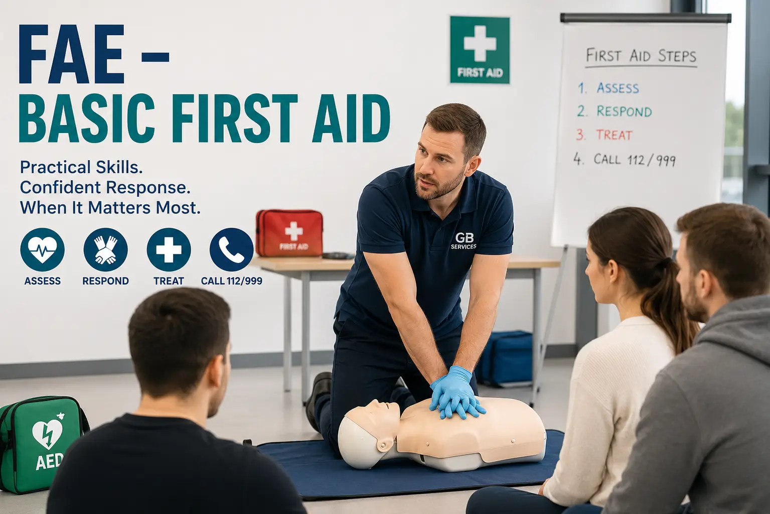 Instructor demonstrating CPR during a FAE – Basic First Aid training course with learners in a classroom.