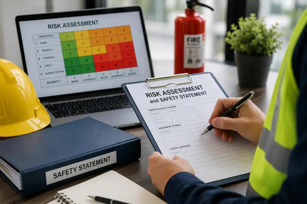 Consultant preparing a workplace risk assessment and safety statement for an Irish business.